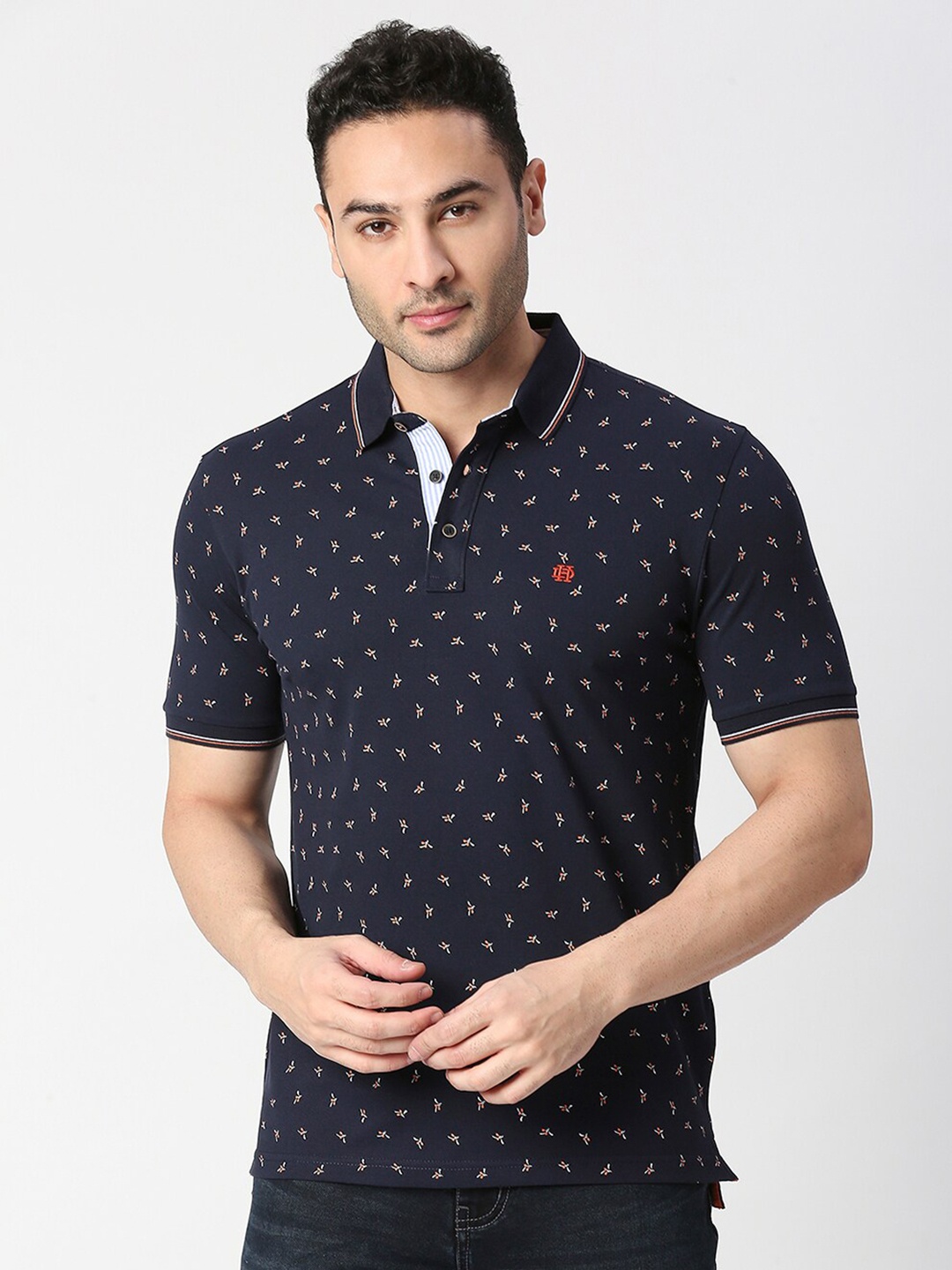 

DRAGON HILL Conversational Printed Polo Collar Slim Fit T-shirt, Navy blue