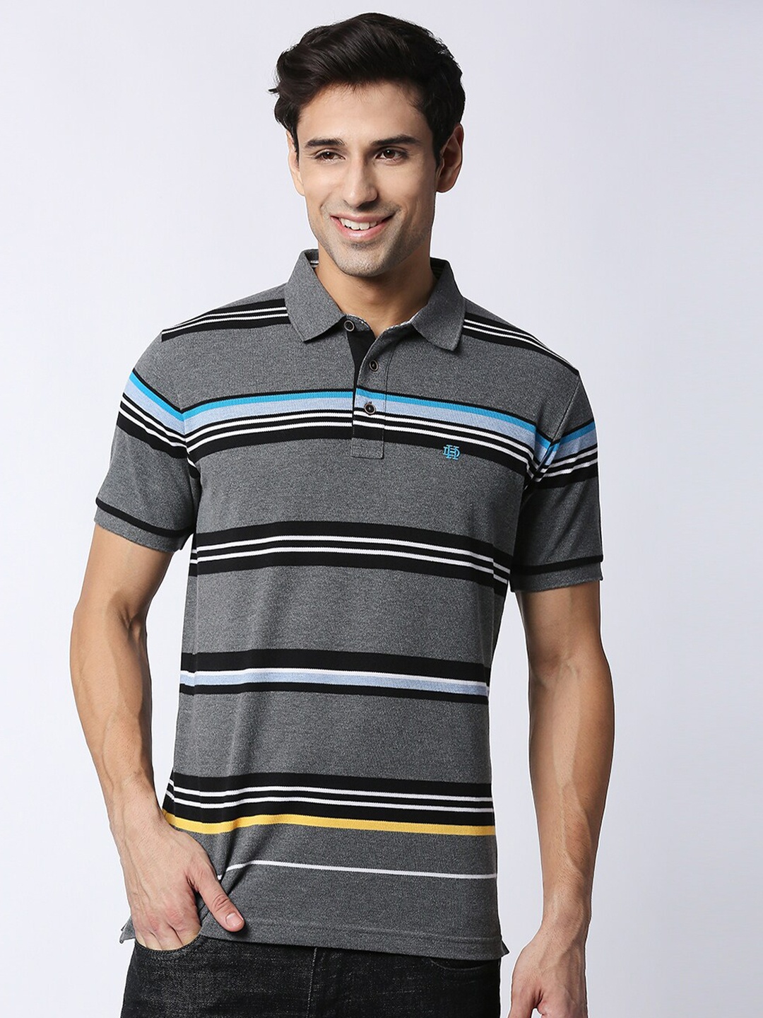 

DRAGON HILL Striped Polo Collar Slim Fit T-shirt, Grey melange