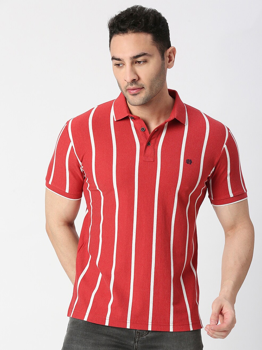 

DRAGON HILL Striped Pique Polo Collar Cotton Slim Fit T-shirt, Red