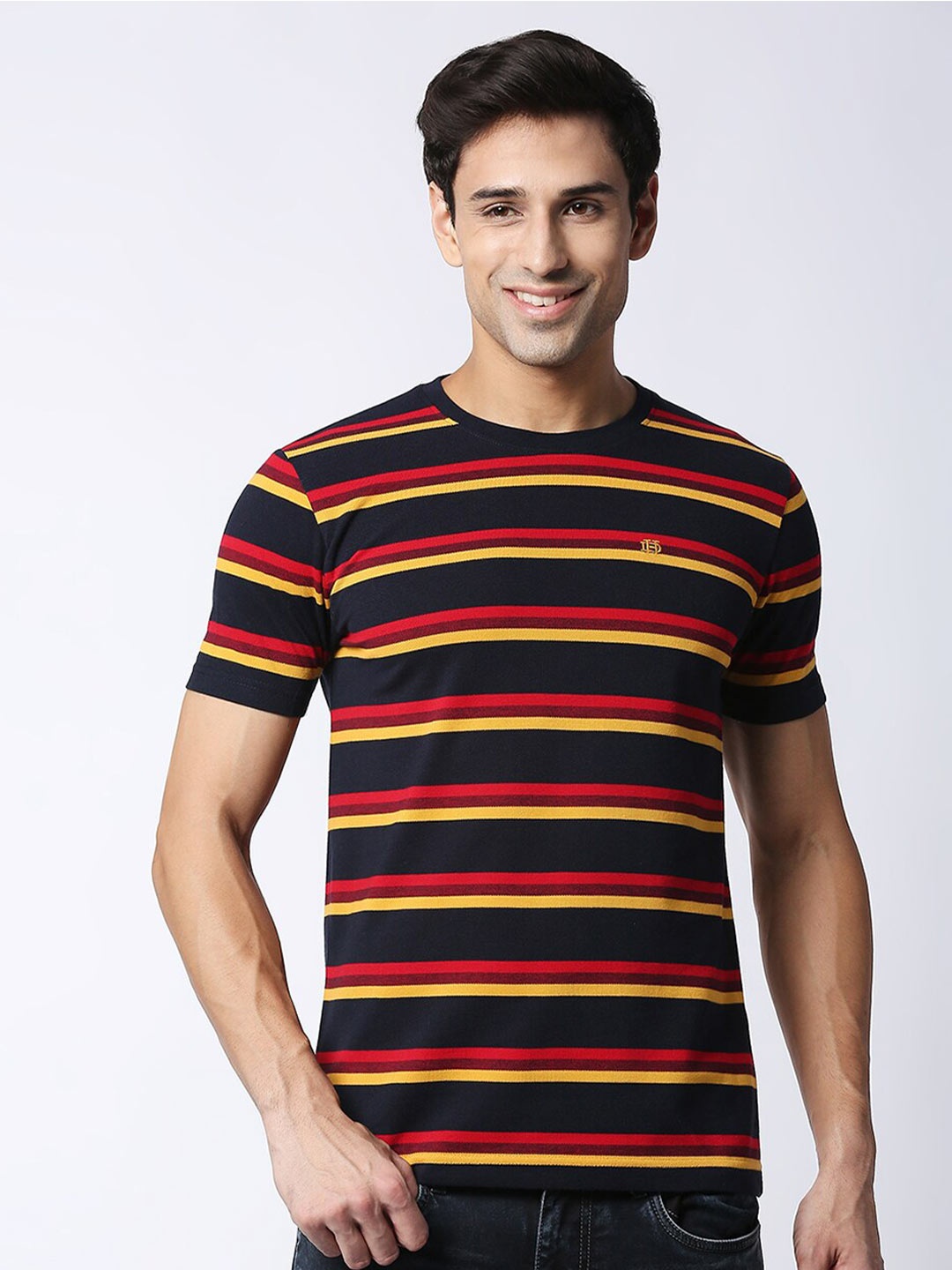 

DRAGON HILL Pique Striped Round Neck Cotton Slim Fit T-shirt, Red