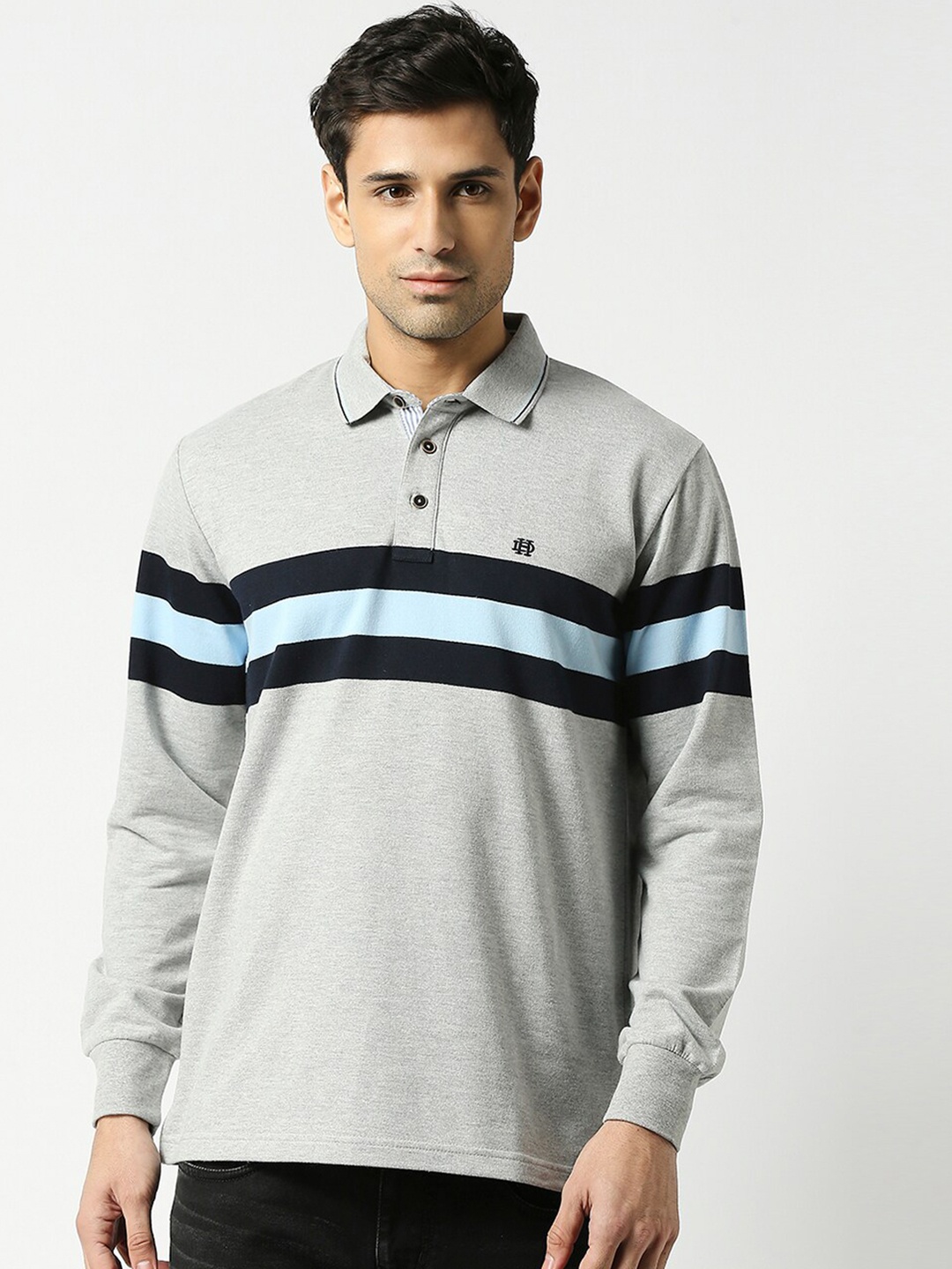 

DRAGON HILL Striped Long Sleeve Cotton Slim Fit Polo T-shirt, Grey