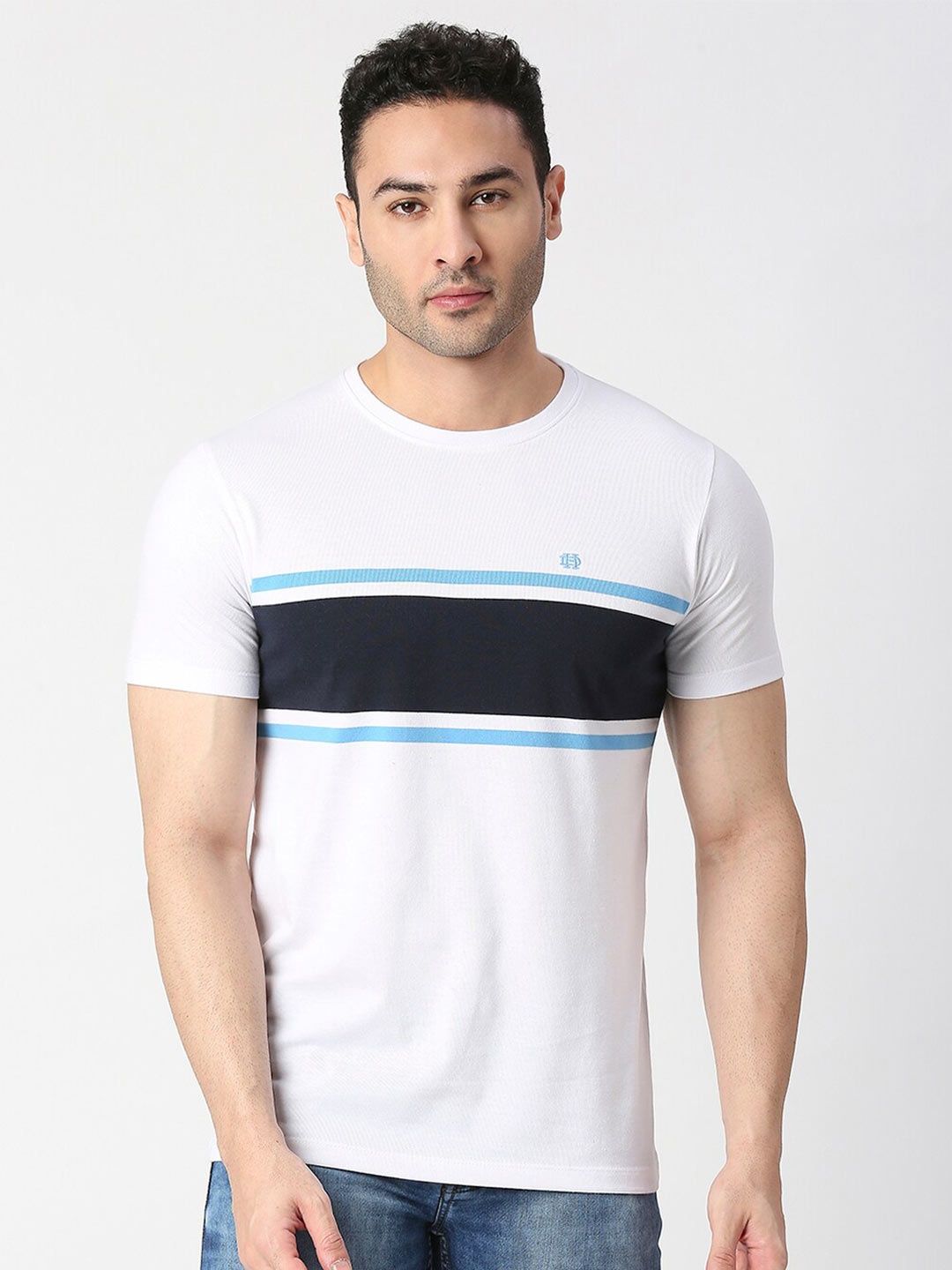 

DRAGON HILL Striped Round Neck Cotton Slim Fit T-shirt, White