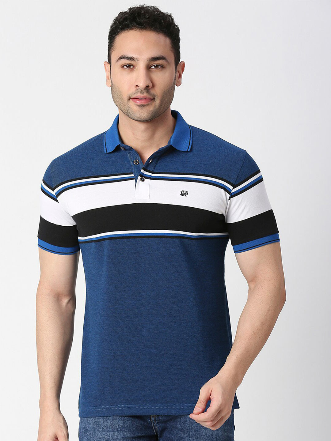 

DRAGON HILL Polo Collar Striped Slim Fit Cotton T-shirt, Blue