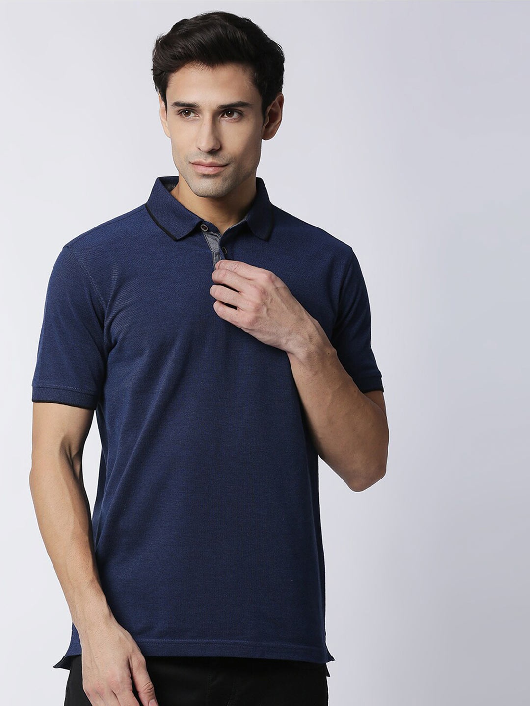 

DRAGON HILL Polo Collar Striped Slim Fit Cotton T-shirt, Navy blue