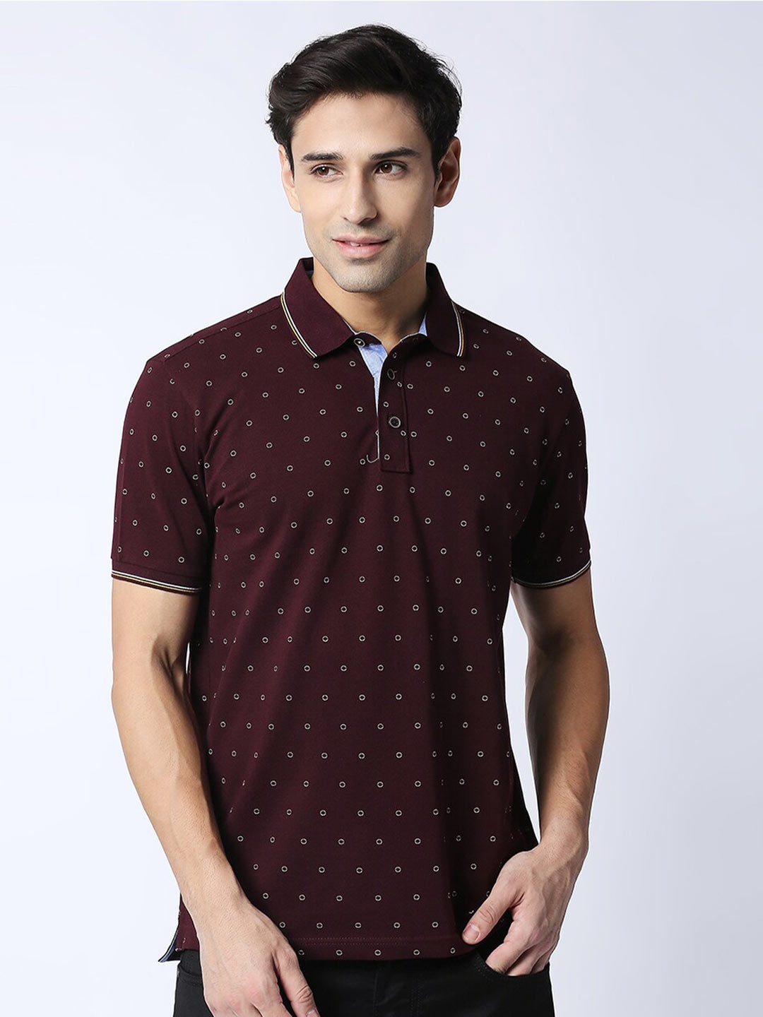 

DRAGON HILL Polo Collar Conversational Printed Slim Fit T-shirt, Maroon
