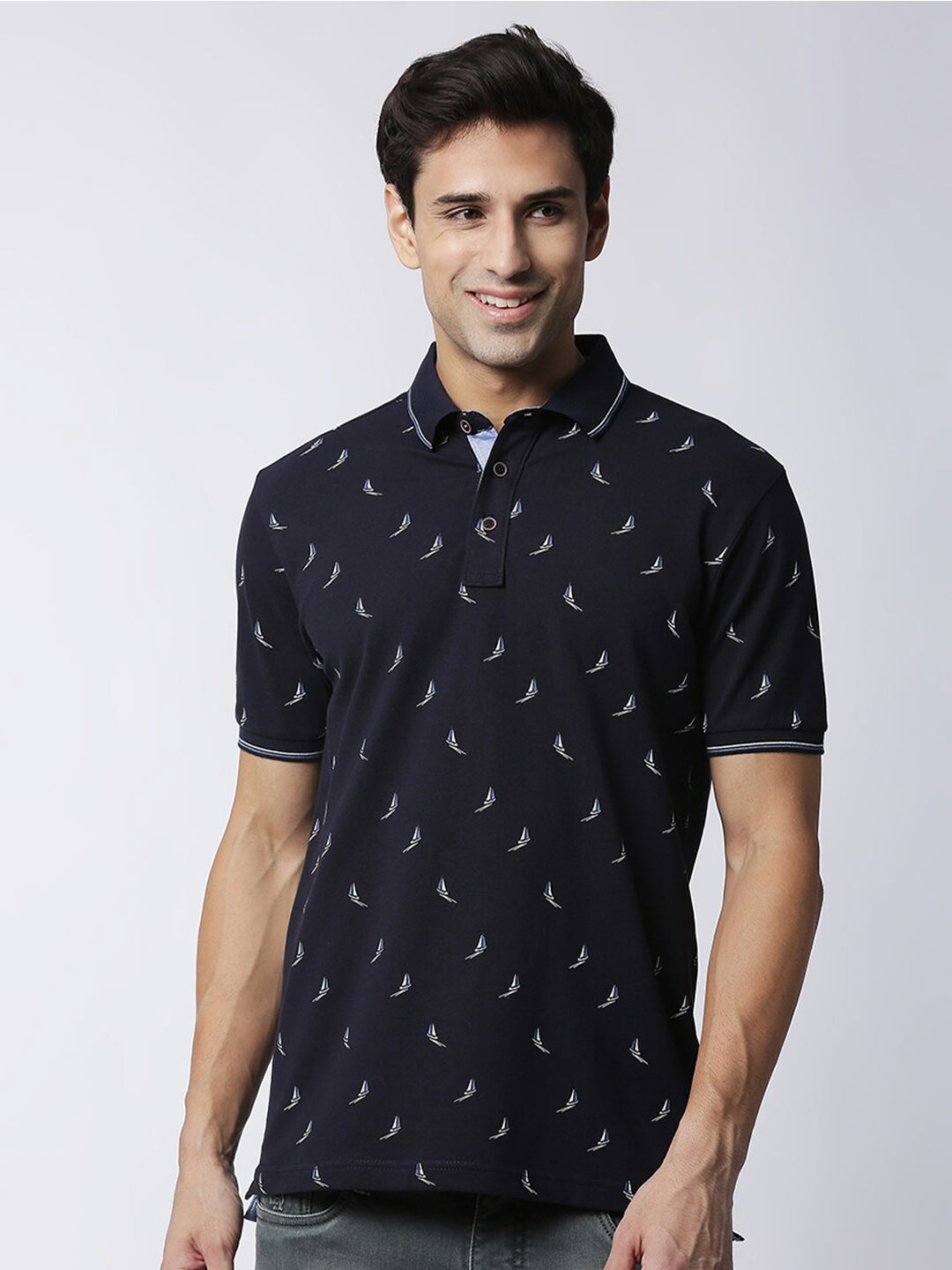 

DRAGON HILL Polo Collar Conversational Printed Slim Fit Cotton T-shirt, Navy blue
