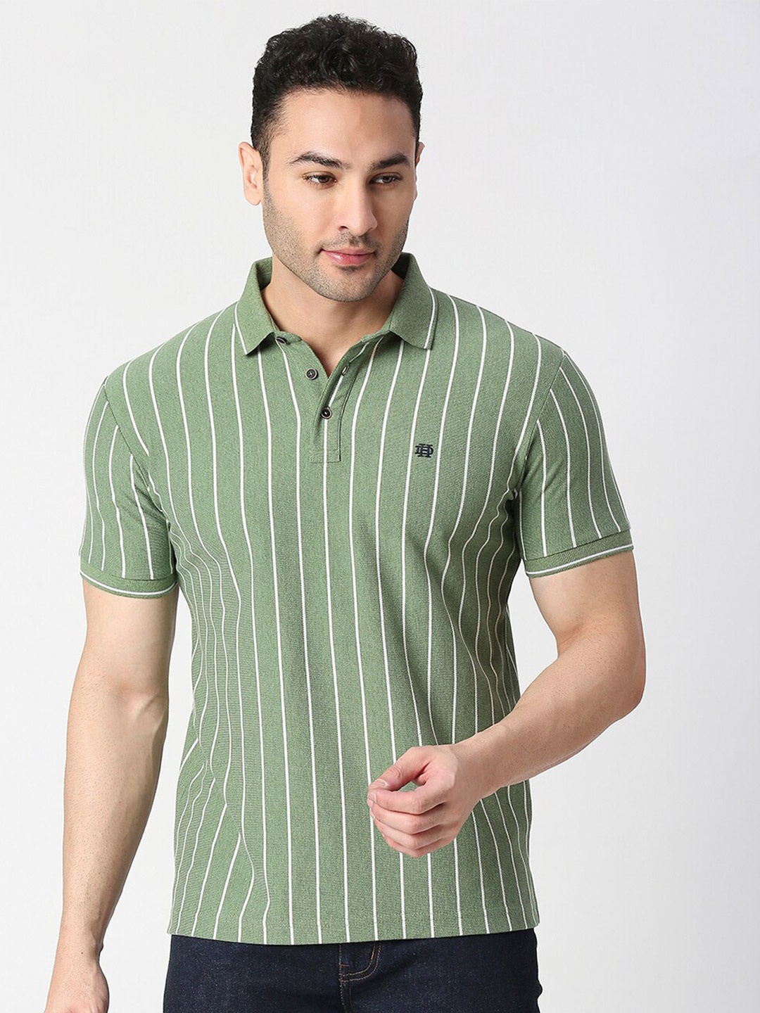 

DRAGON HILL Polo Collar Striped Slim Fit Cotton T-shirt, Green