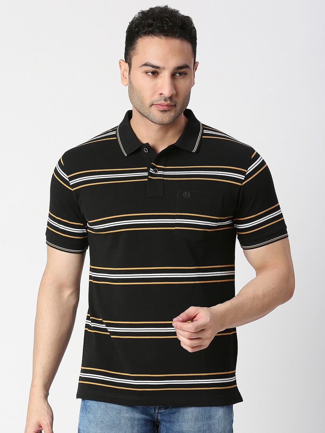

DRAGON HILL Polo Collar Striped Slim Fit Cotton T-shirt, Black