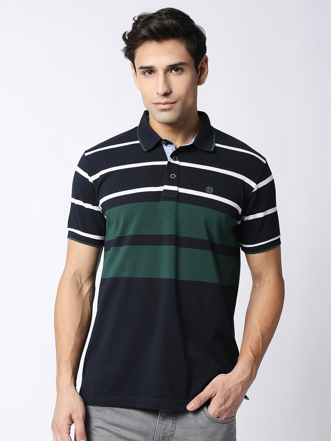 

DRAGON HILL Polo Collar Striped Slim Fit Cotton T-shirt, Navy blue