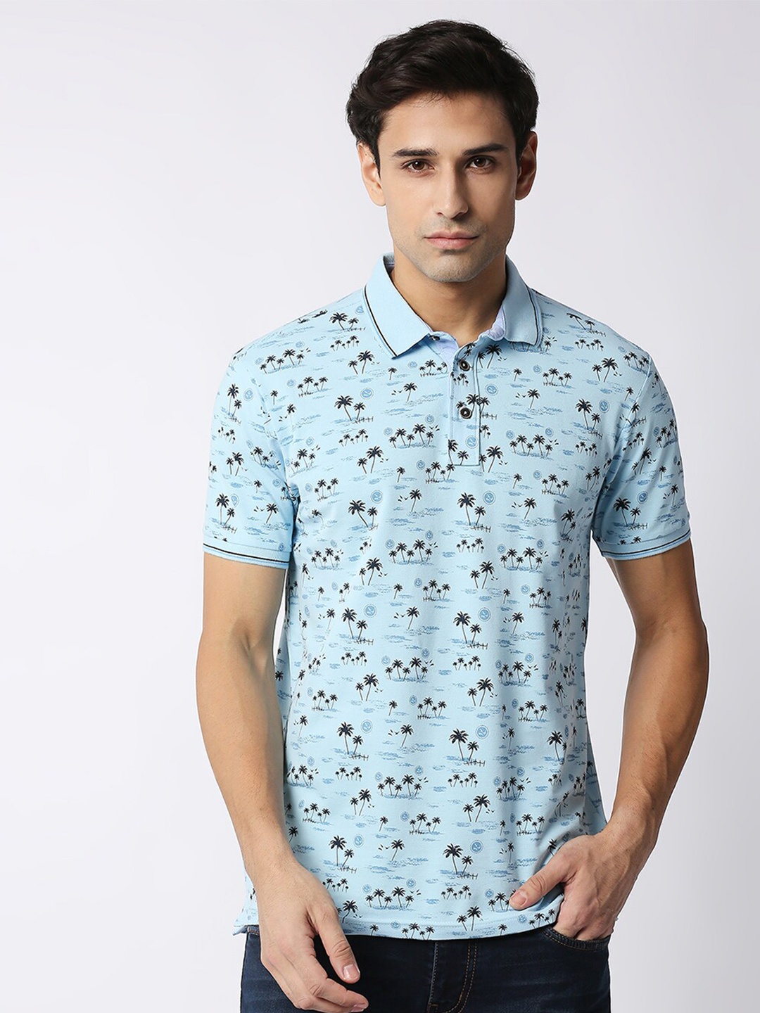 

DRAGON HILL Tropical Printed Polo Collar Slim Fit T-shirt, Blue