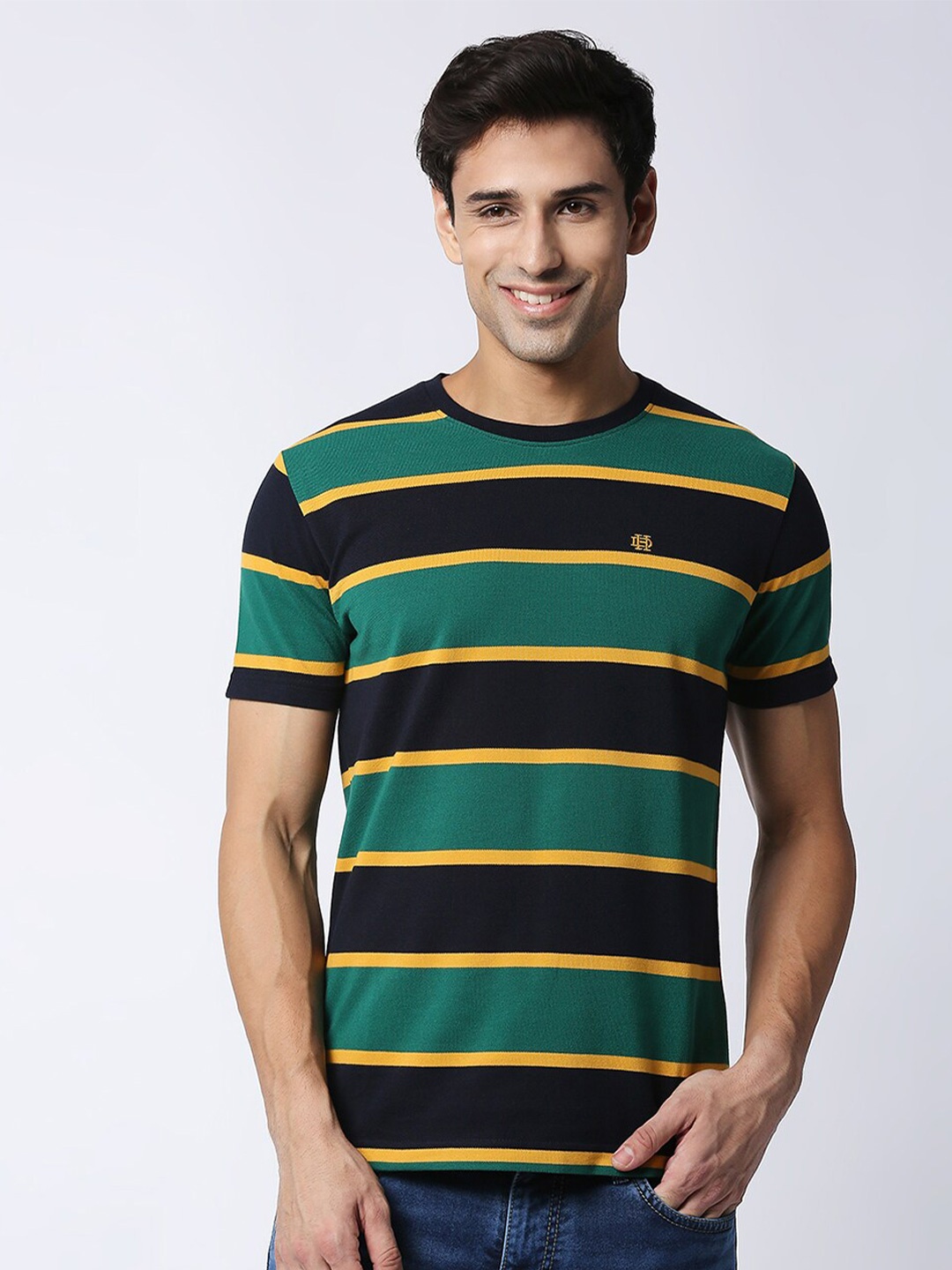 

DRAGON HILL Striped Slim Fit Cotton T-shirt, Green