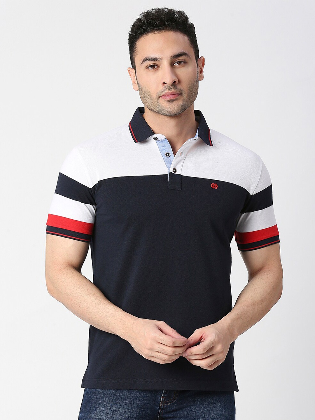 

DRAGON HILL Polo Collar Striped Slim Fit Cotton T-shirt, Navy blue