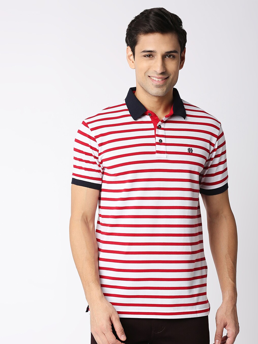 

DRAGON HILL Polo Collar Striped Slim Fit Cotton T-shirt, Red