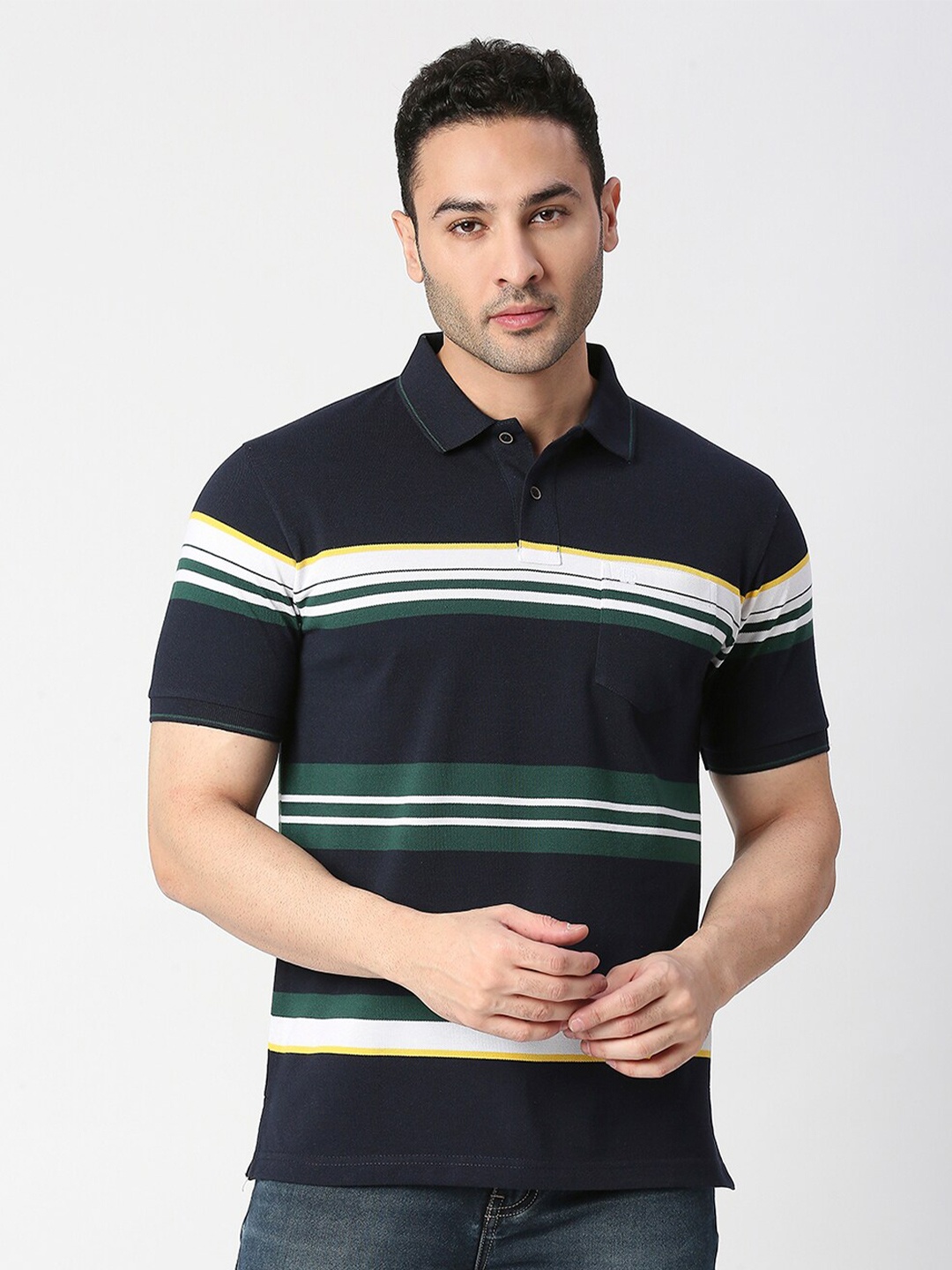 

DRAGON HILL Polo Collar Striped Slim Fit Cotton T-shirt, Multi