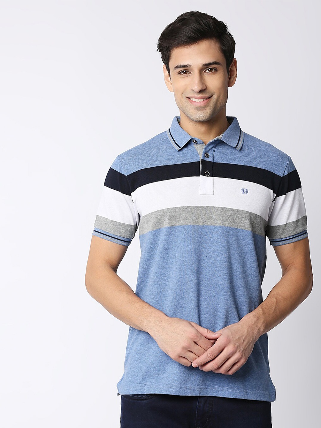 

DRAGON HILL Polo Collar Striped Slim Fit Cotton T-shirt, Blue