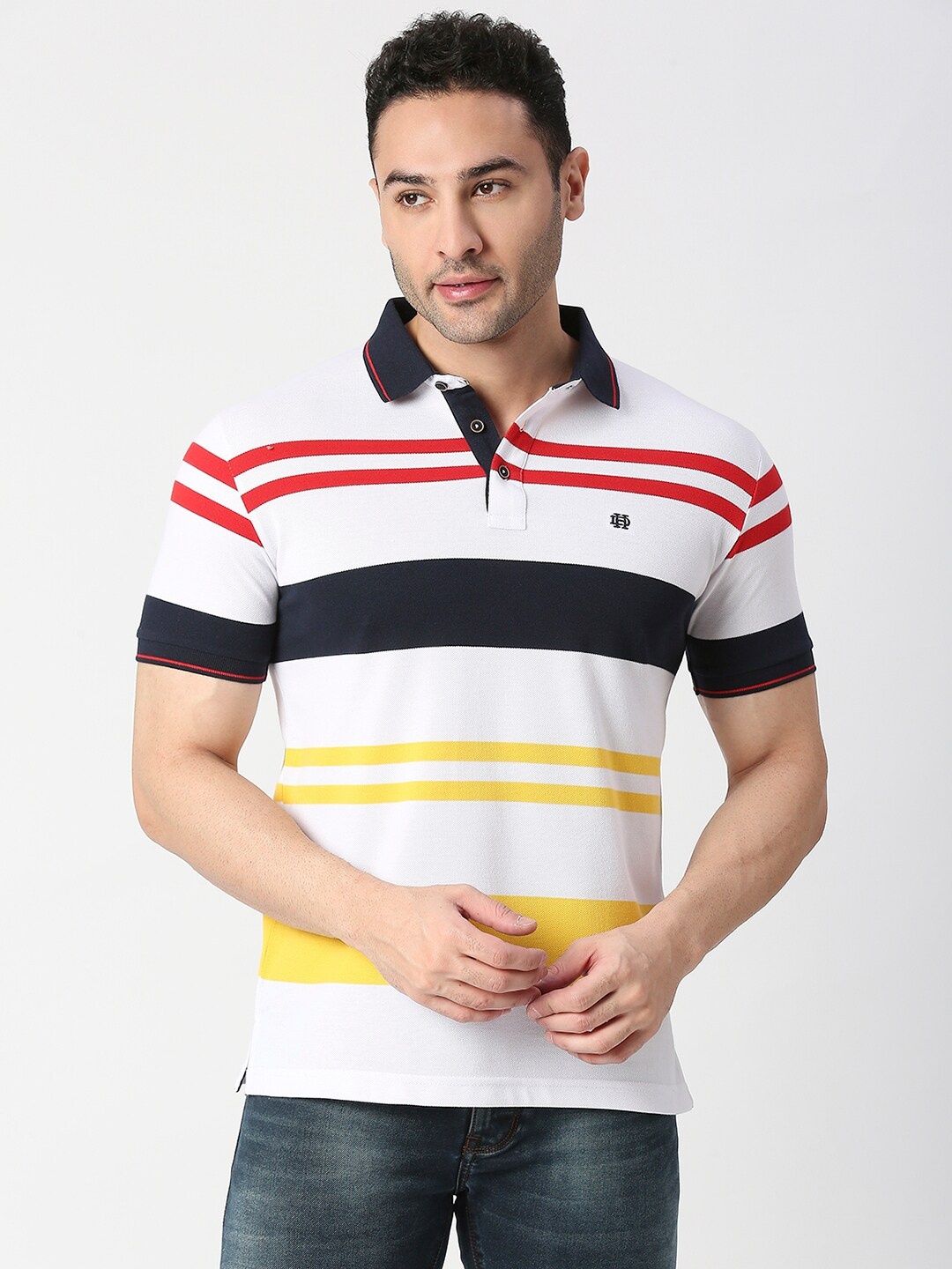 

DRAGON HILL Polo Collar Striped Slim Fit Cotton T-shirt, White