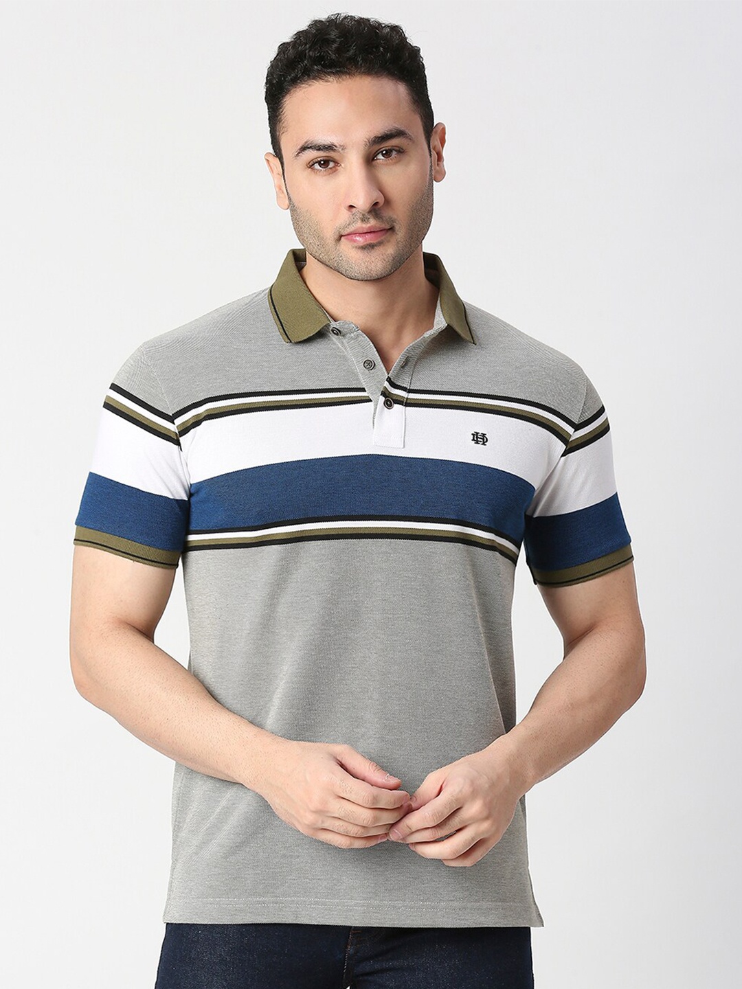 

DRAGON HILL Striped Polo Collar Cotton Slim Fit T-shirt, Grey