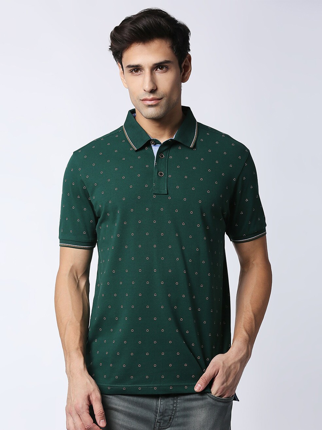 

DRAGON HILL Men Green Printed Polo Collar Pockets Slim Fit T-shirt