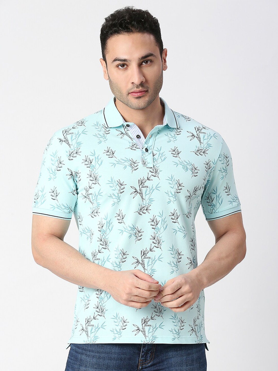 

DRAGON HILL Floral Printed Polo Collar Cotton Slim Fit T-shirt, Sea green