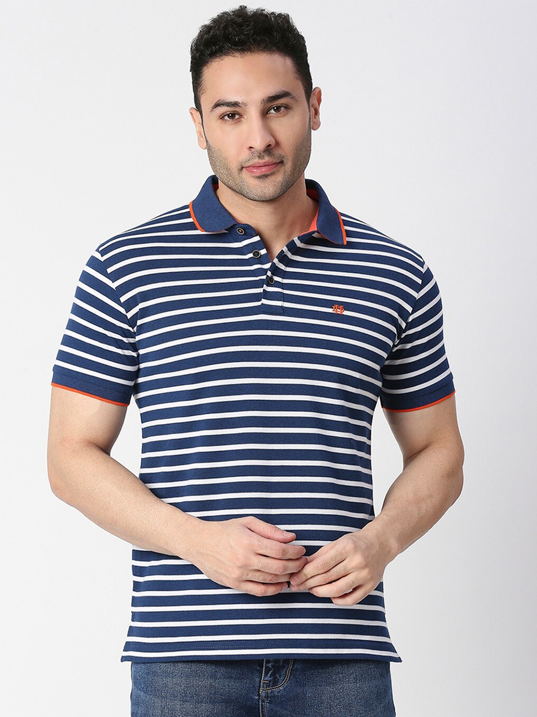 

DRAGON HILL Striped Polo Collar Cotton Slim Fit T-shirt, Navy blue