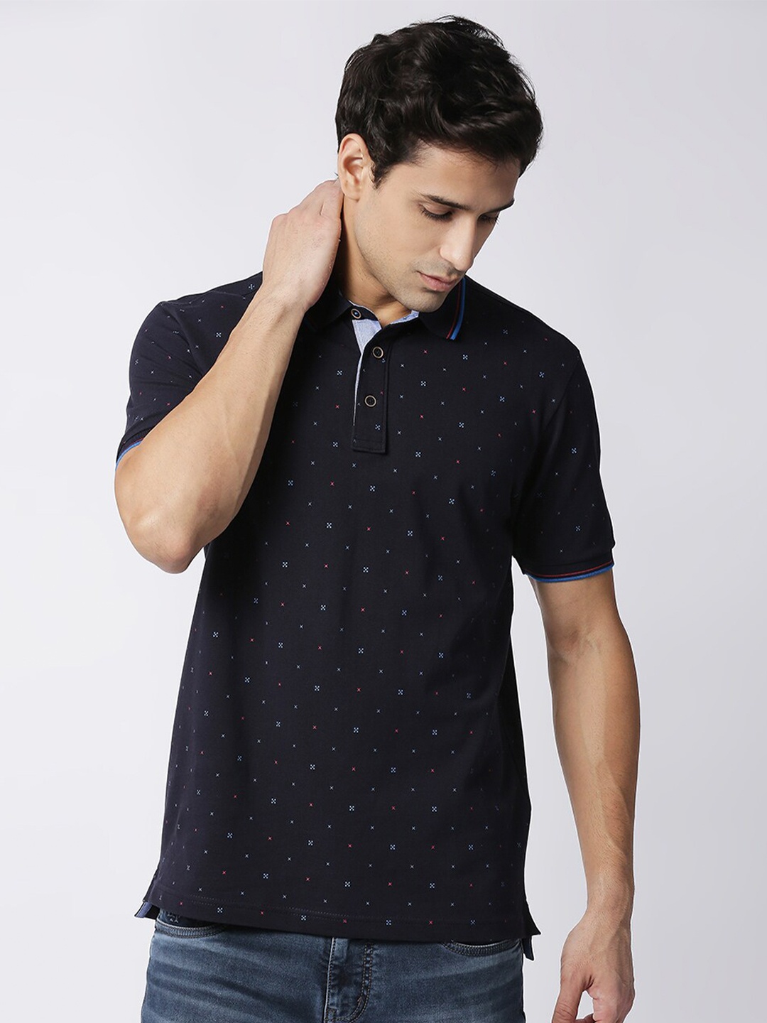 

DRAGON HILL Micro And Ditsy Polo Collar Cotton Slim Fit T-shirt, Navy blue