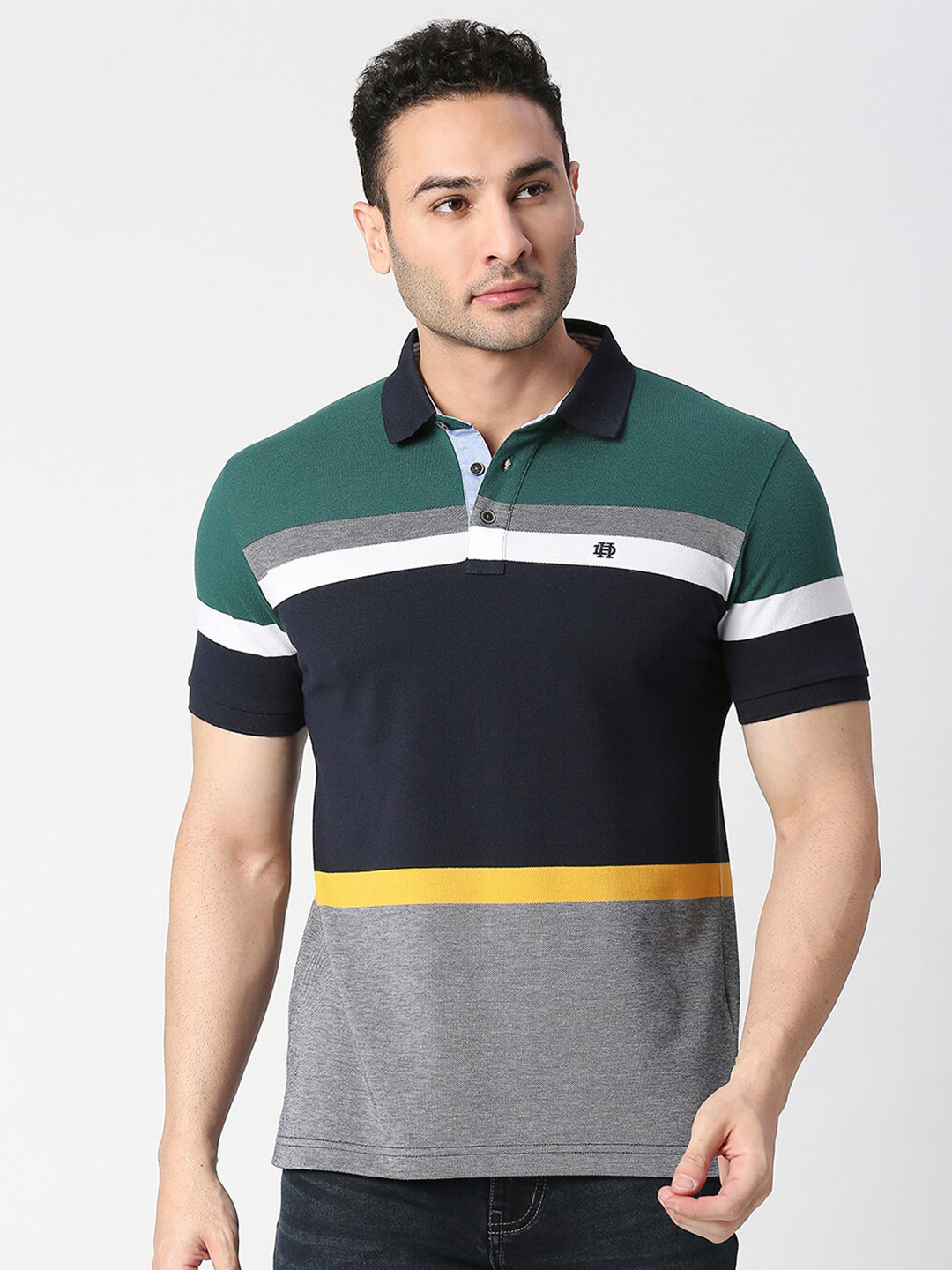 

DRAGON HILL Colourblocked Polo Collar Cotton Slim Fit T-shirt, Green