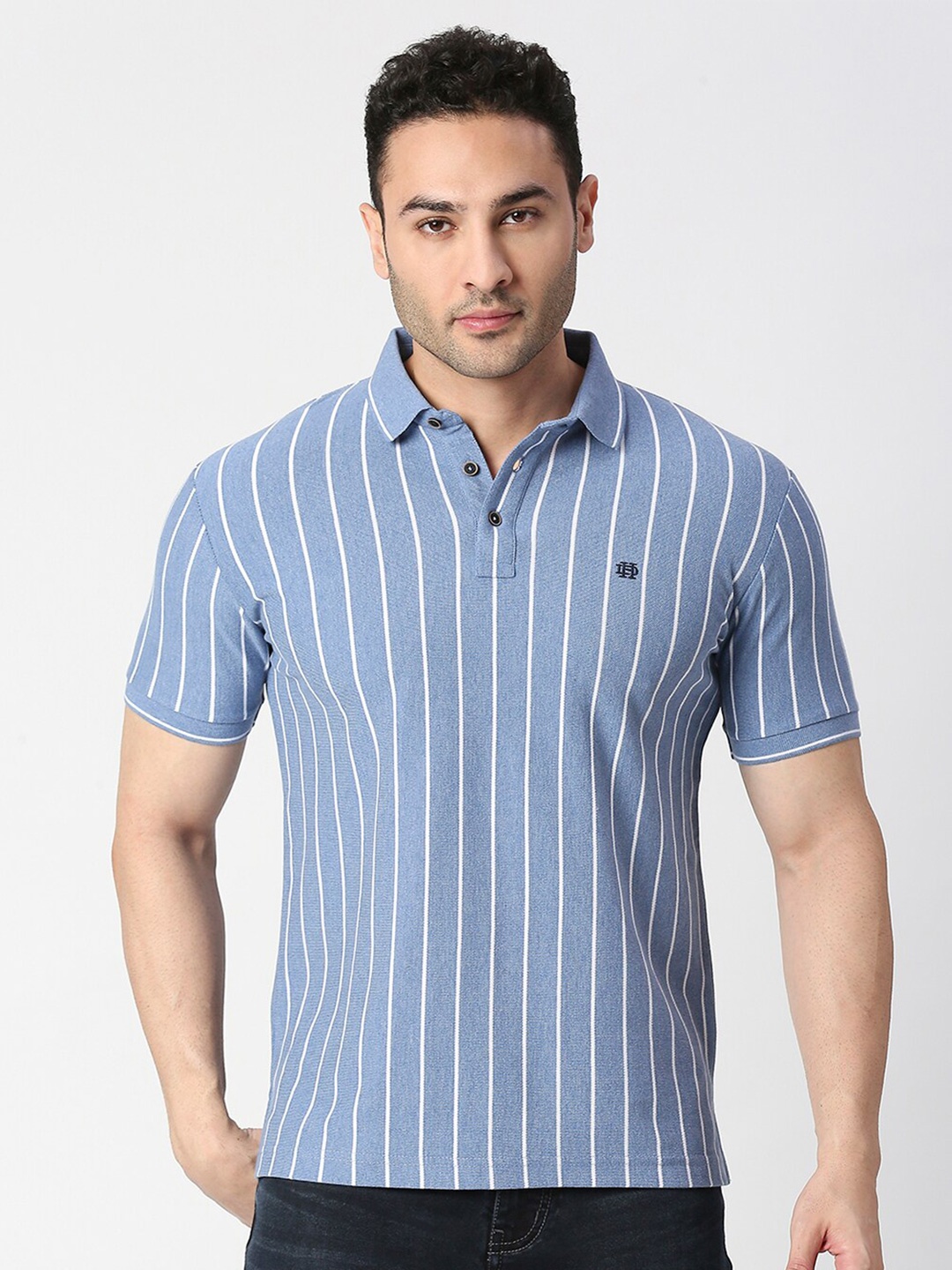 

DRAGON HILL Striped Polo Collar Cotton Slim Fit T-shirt, Blue