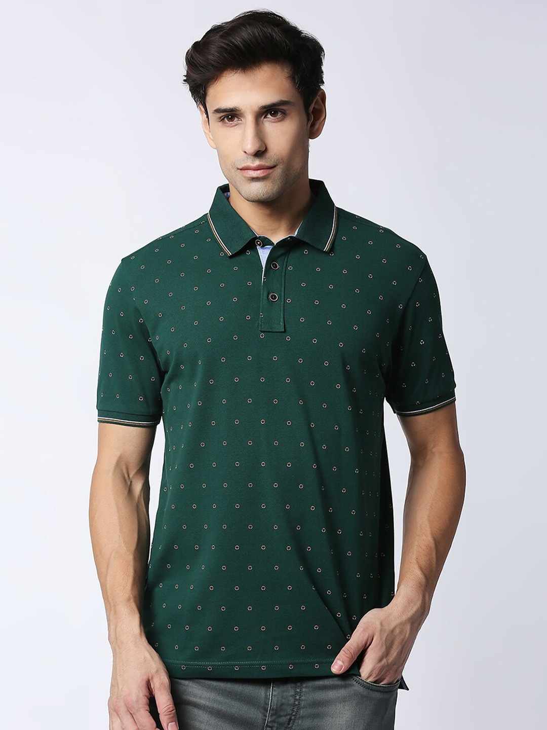 

DRAGON HILL Conversational Printed Polo Collar Slim Fit Cotton T-Shirt, Green