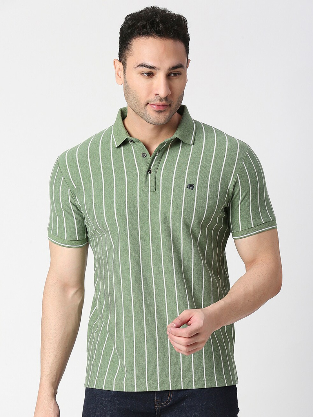 

DRAGON HILL Striped Polo Collar Short Sleeves Slim Fit Cotton T-Shirt, Green