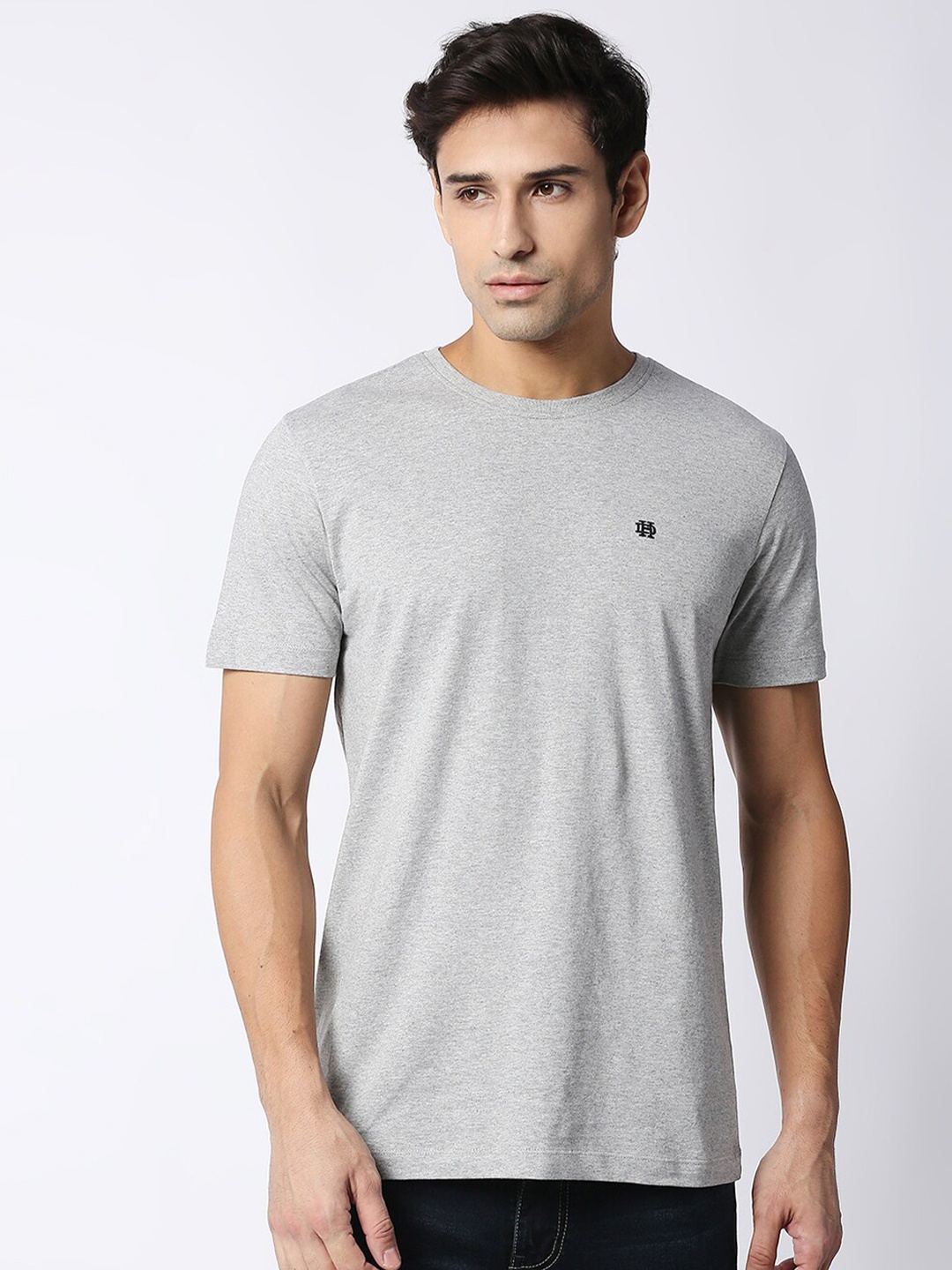 

DRAGON HILL Round Neck Short Sleeves Slim Fit Cotton T-Shirt, Grey