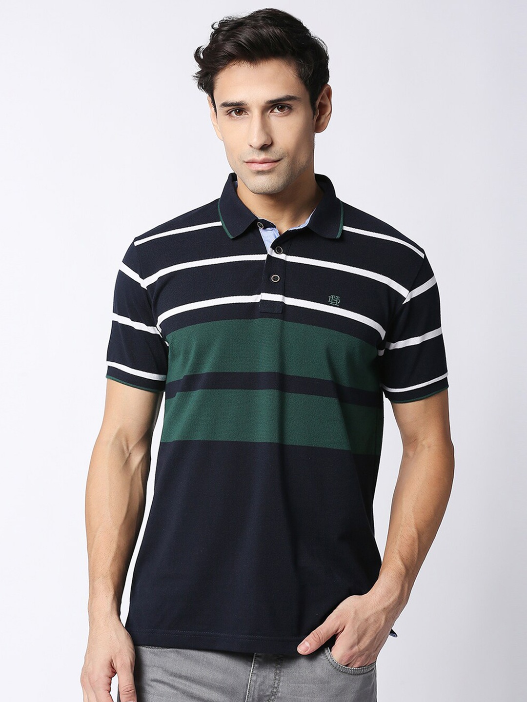 

DRAGON HILL Striped Polo Collar Short Sleeves Slim Fit Cotton T-Shirt, Navy blue