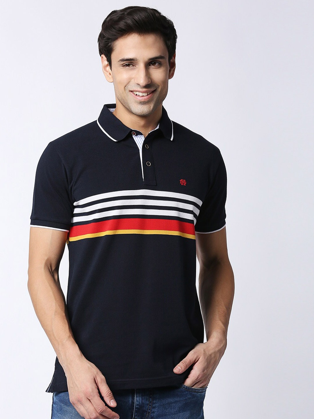 

DRAGON HILL Striped Polo Collar Short Sleeves Slim Fit Cotton T-Shirt, Navy blue