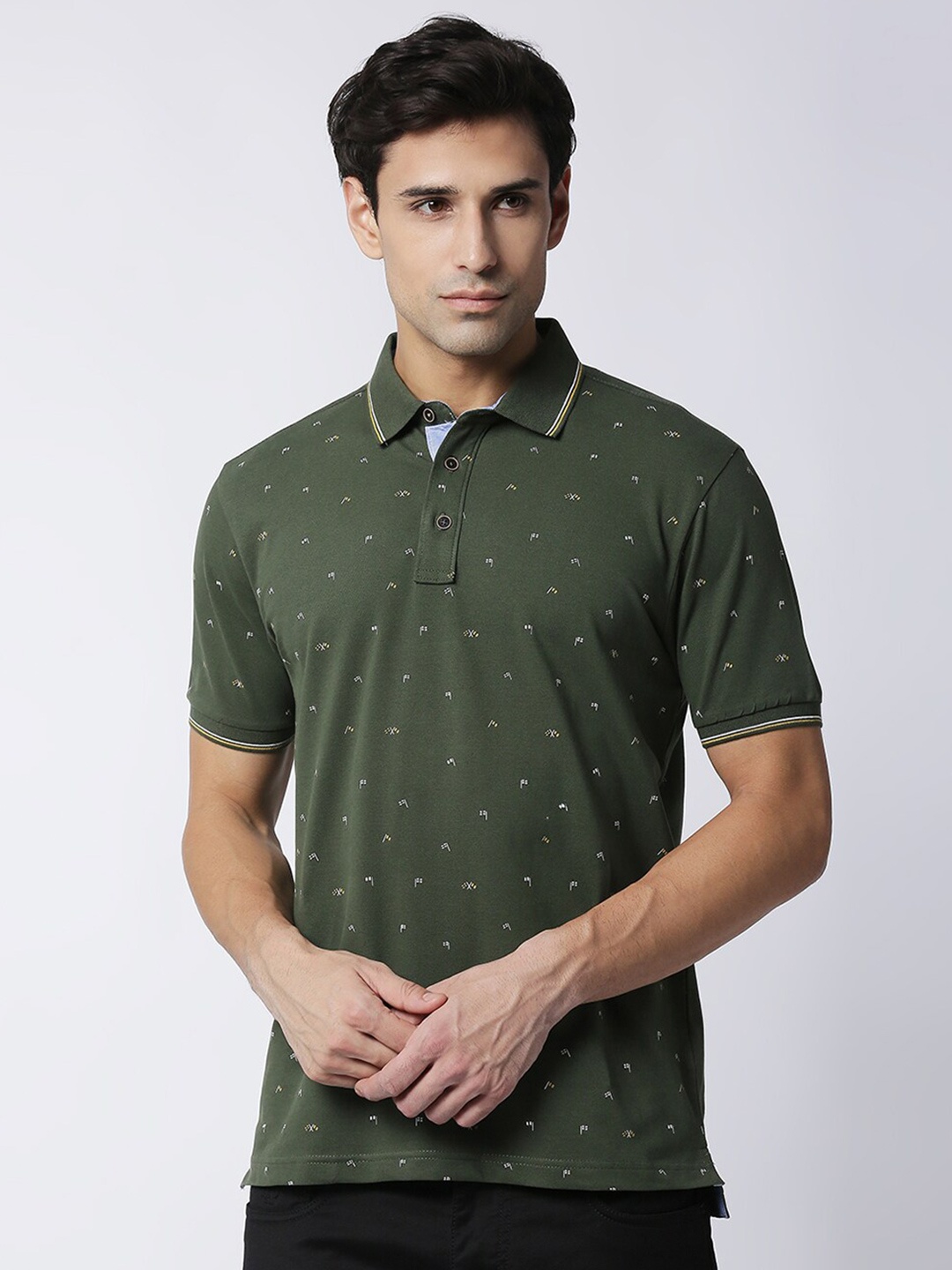 

DRAGON HILL Micro-Ditsy Printed Polo Collar Slim Fit Cotton T-Shirt, Olive