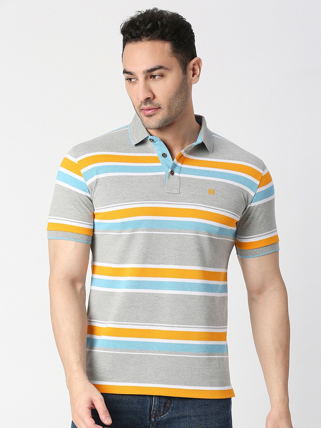 

DRAGON HILL Striped Polo Collar Short Sleeves Slim Fit Cotton T-Shirt, Grey