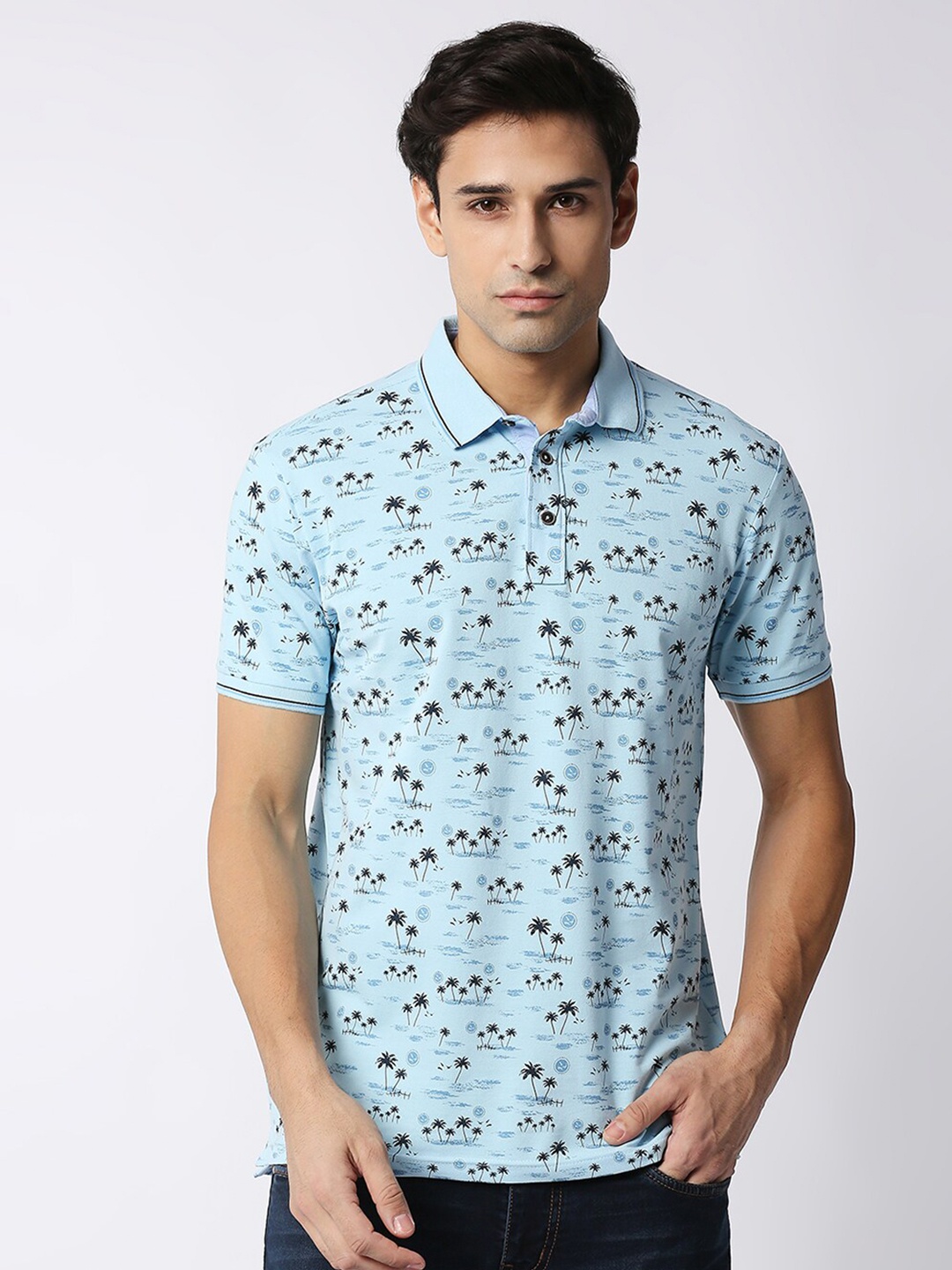 

DRAGON HILL Tropical Printed Polo Collar Slim Fit T-shirt, Blue