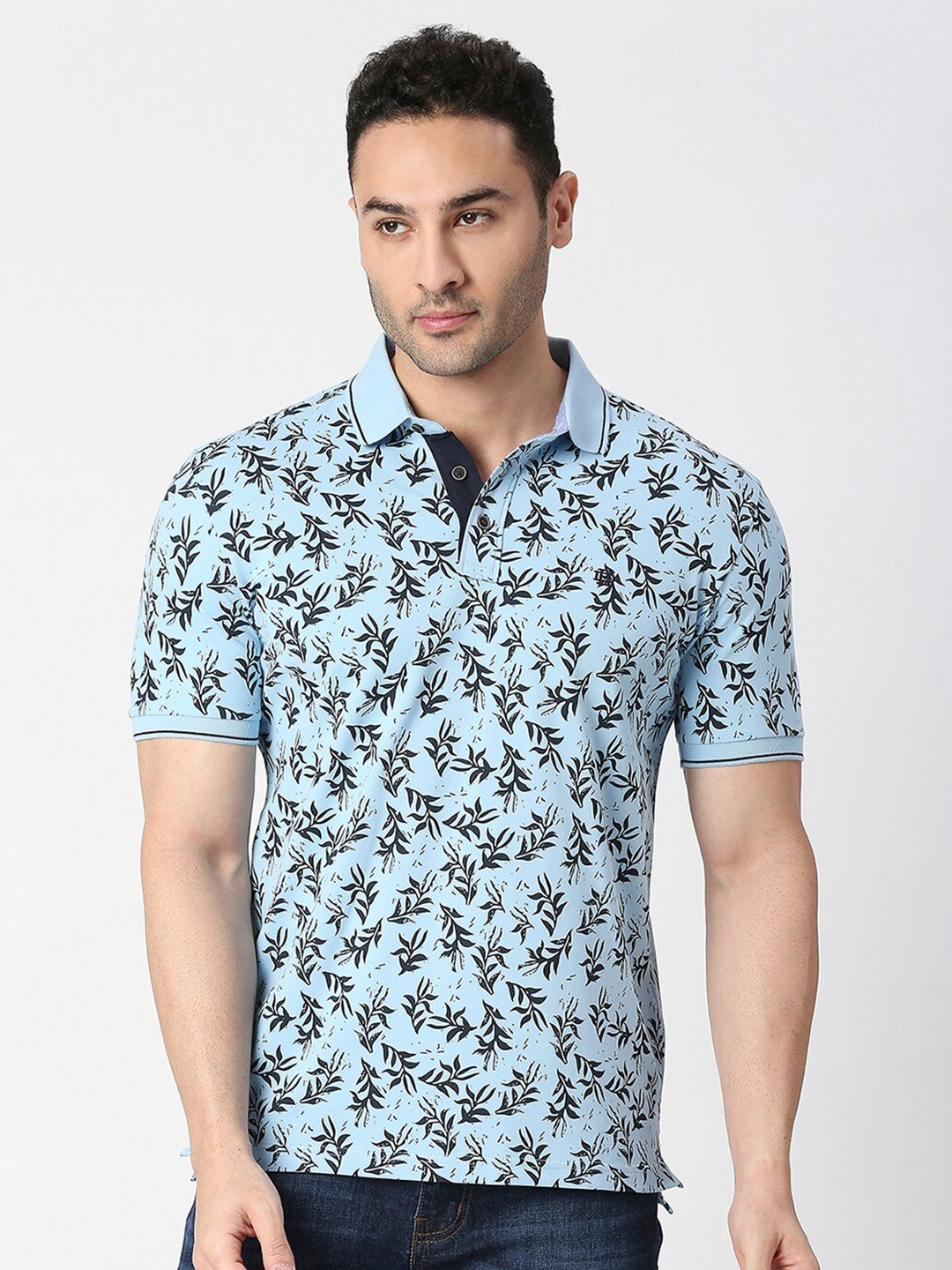 

DRAGON HILL Floral Printed Polo Collar Cotton Slim Fit T-shirt, Blue
