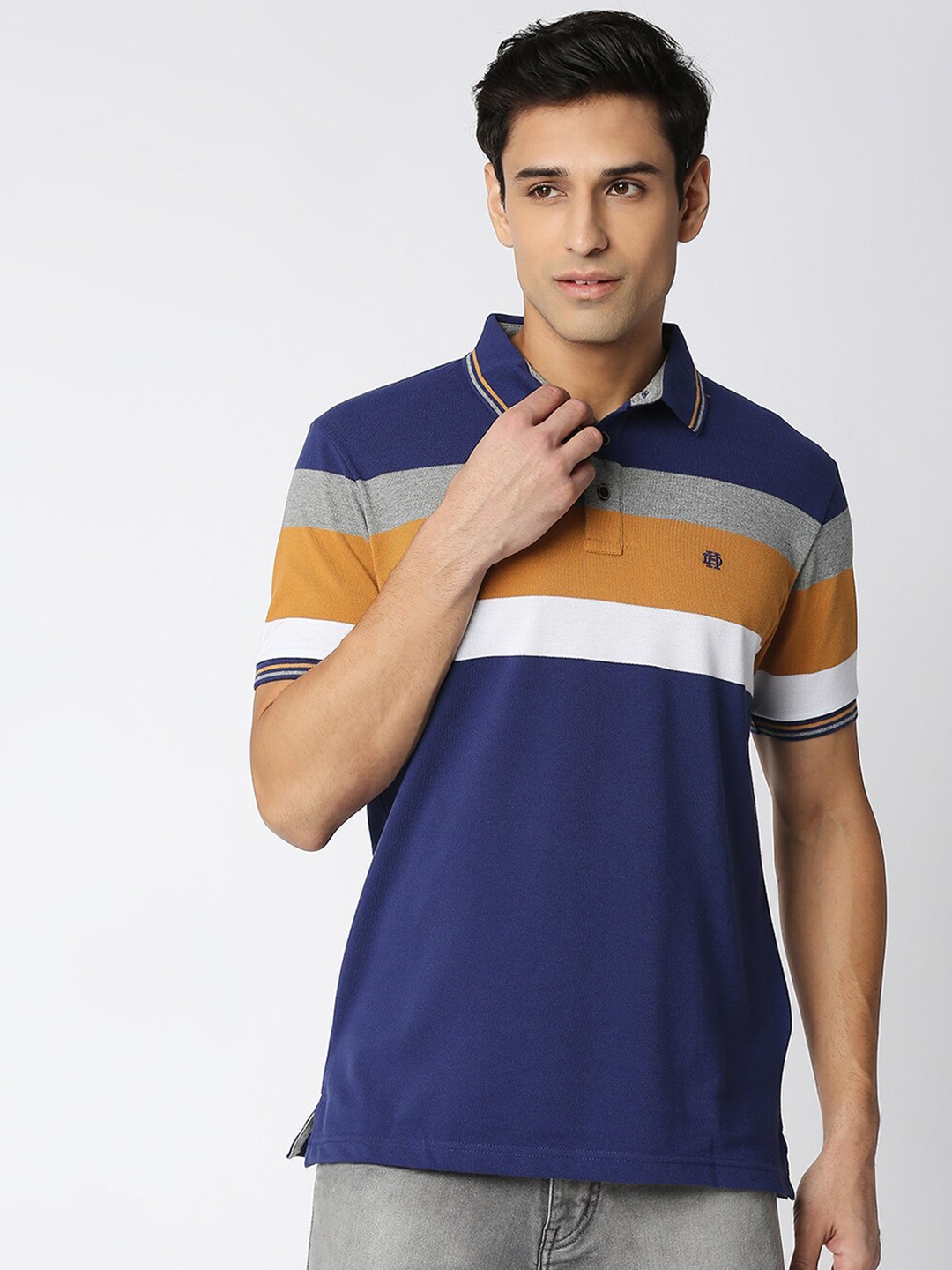 

DRAGON HILL Colourblocked Polo Collar Cotton Slim Fit T-shirt, Blue