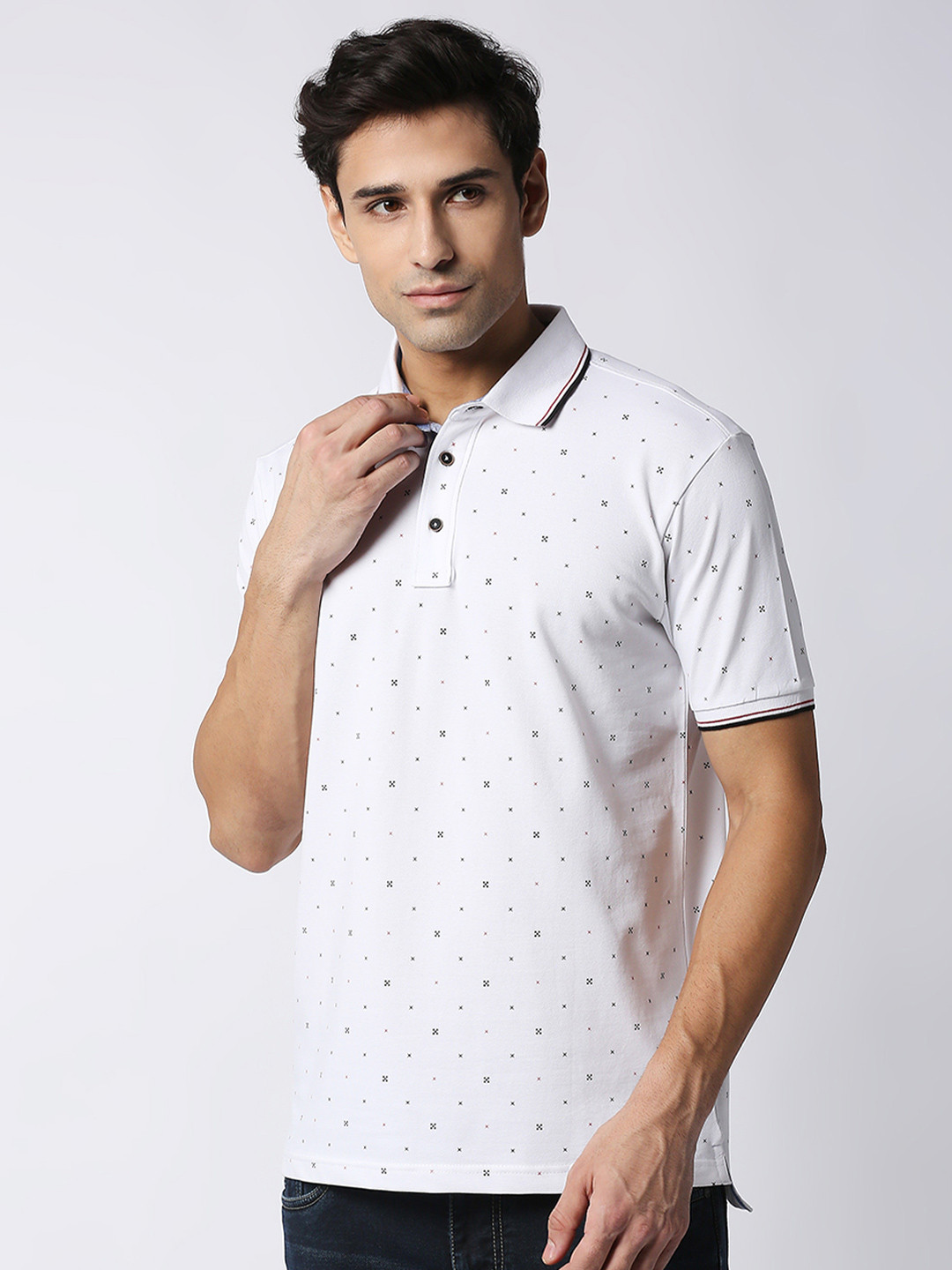 

DRAGON HILL Geometric Printed Polo Collar Cotton Slim Fit T-shirt, White