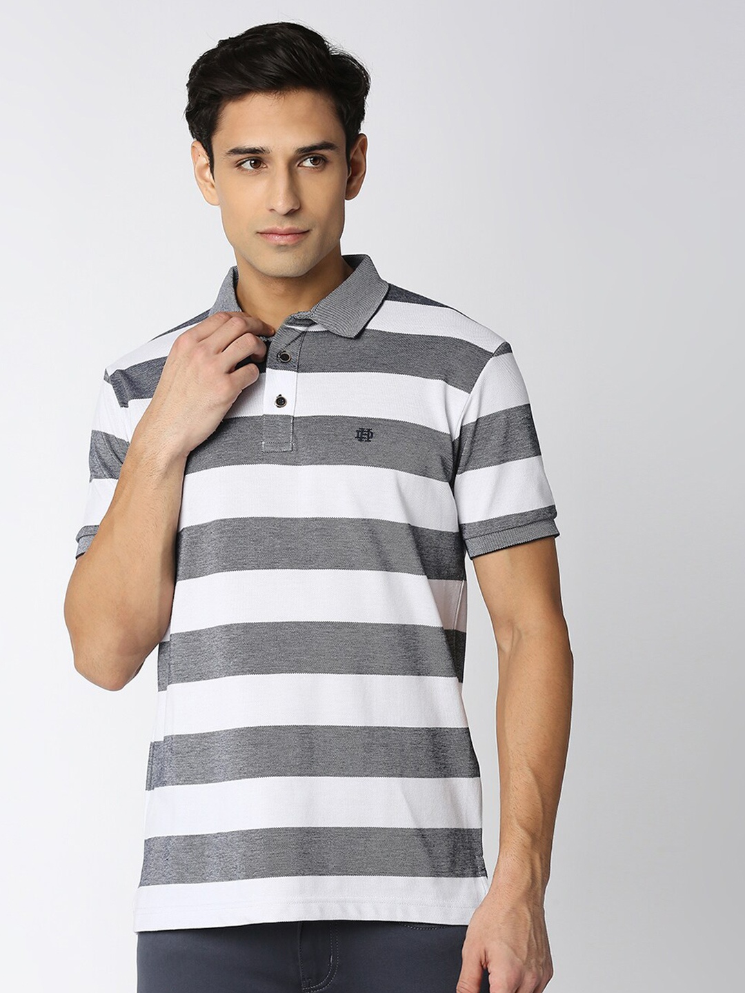 

DRAGON HILL Striped Polo Collar Cotton Slim Fit T-shirt, White