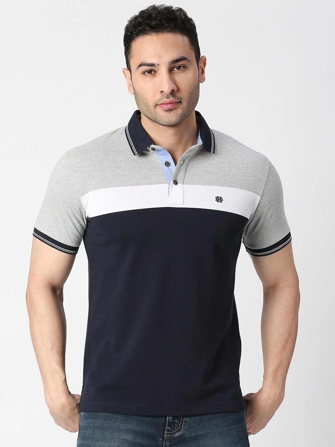 

DRAGON HILL Colourblocked Polo Collar Cotton Slim Fit T-shirt, Navy blue