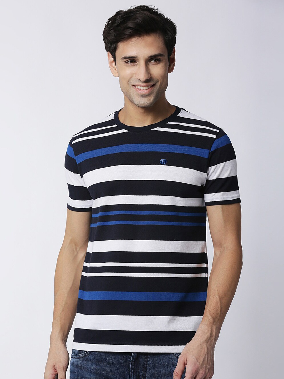 

DRAGON HILL Striped Cotton Slim Fit T-shirt, Navy blue