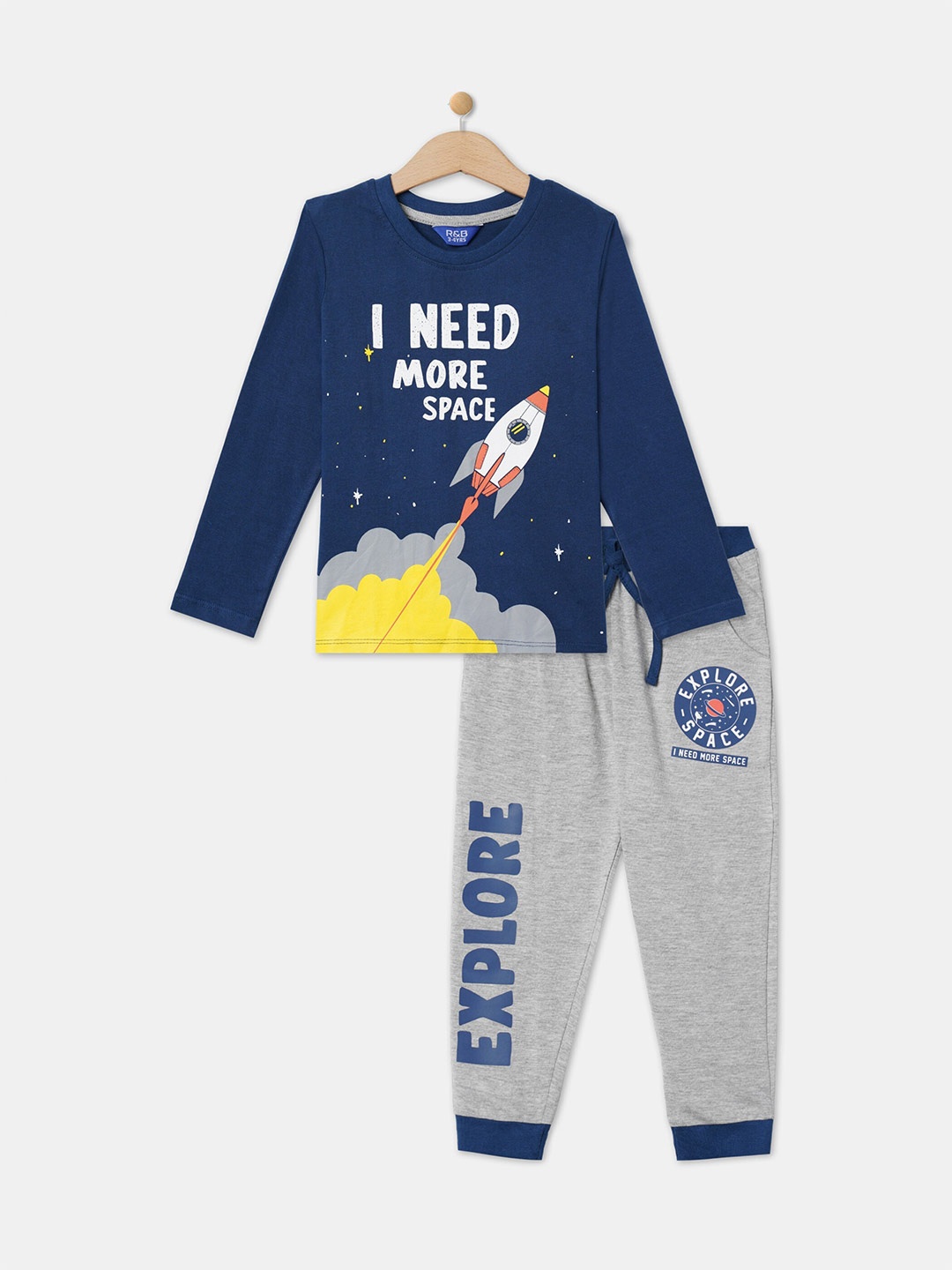 

R&B Boys Printed Pure Cotton T-shirt with Joggers, Navy blue