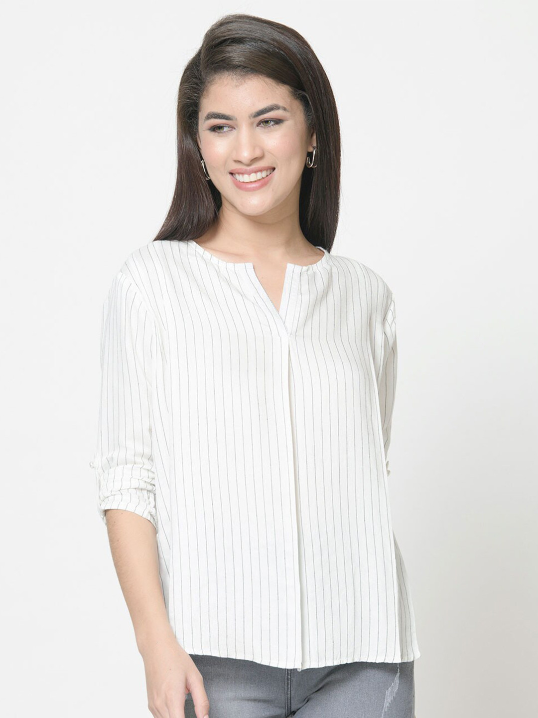 

urSense Striped Roll-Up Sleeves Cotton Top, White