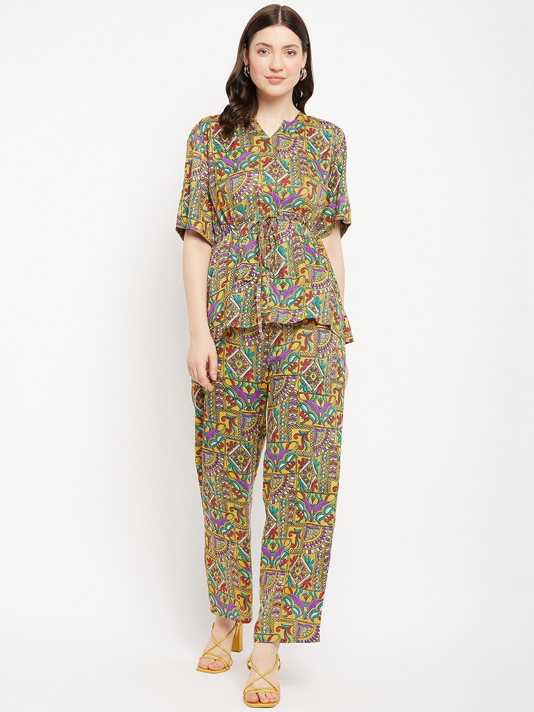 

Color Cocktail Ethnic Motifs Printed Top & Trousers, Mustard