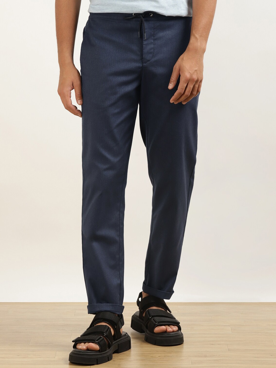 

Andamen Men Classic Mid-Rise Cotton Trousers, Blue