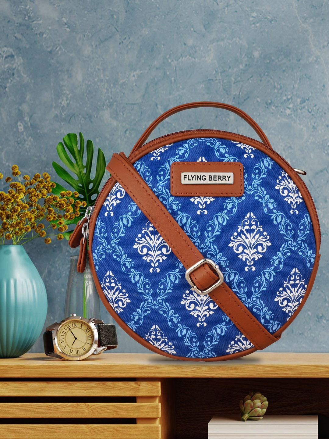 

FLYING BERRY Printed Structured Hobo Bag with Cut Work, Blue