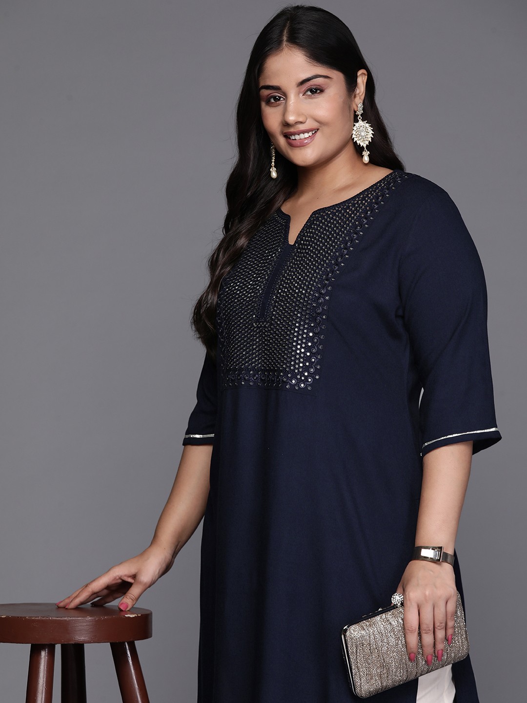 

EXTRA LOVE BY LIBAS Plus Size Yoke Design Sequinned Kurta, Navy blue
