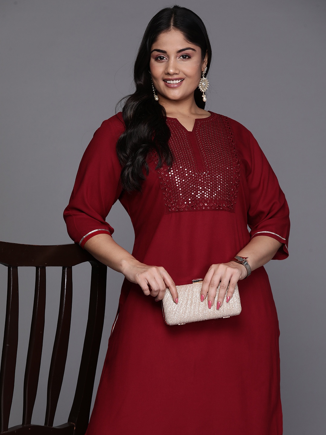 

EXTRA LOVE BY LIBAS Plus Size Yoke Design Sequinned Kurta, Maroon