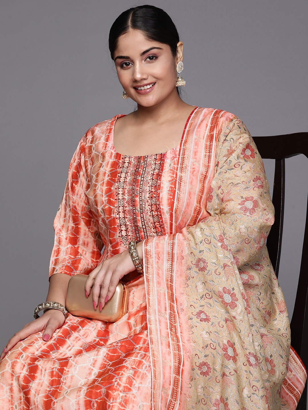 

EXTRA LOVE BY LIBAS Women Red Yoke Design Regular Sequinned Kurta with Trousers & With Dupatta