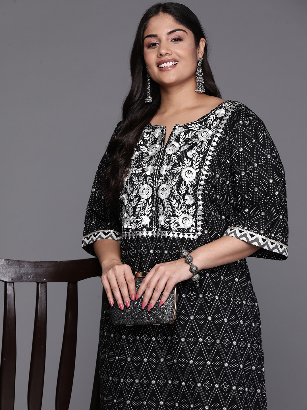 

EXTRA LOVE BY LIBAS Women Plus Size Bandhani Yoke Design Flared Sleeves Thread Work Kurta, Black